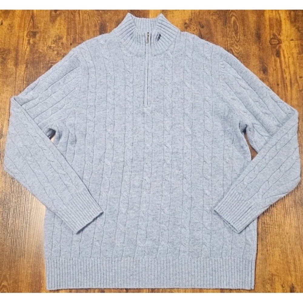 Brooks Brothers Men's 2XL Light Blue Cable Knit Quarter Zip Wool Sweater